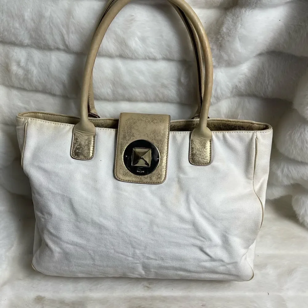 Vintage Kate spade beige canvas and faded gold trims shoulder bag.
